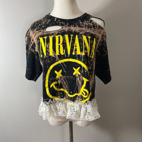 NIRVANA Tops - Nirvana Medium Upcycled T Tee Shirt Crop Top Black Brown Bleached Slashed Lace